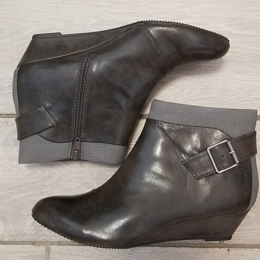 BC faux leather wedge booties boots buckle